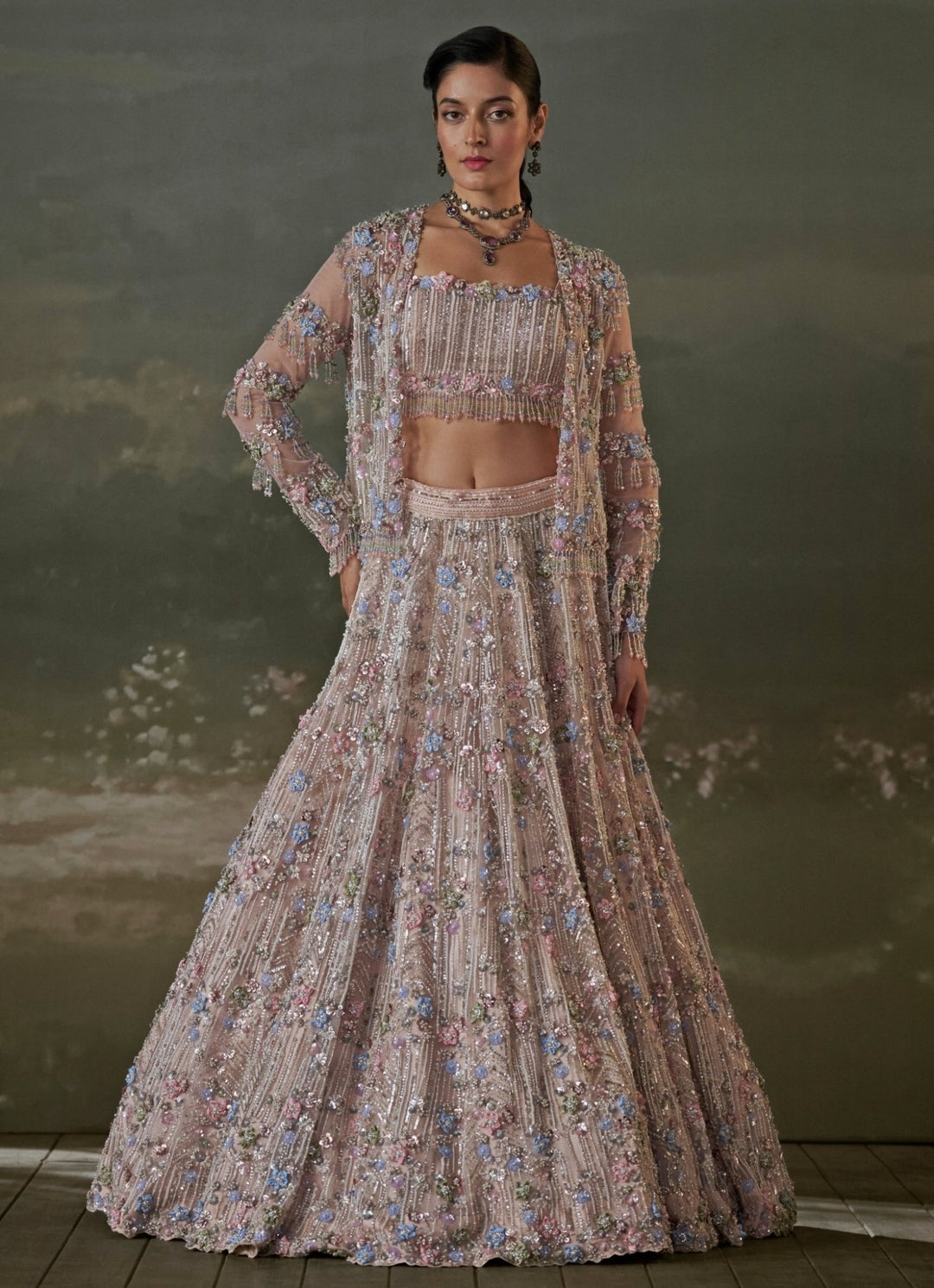 Peach Soft Net Lehenga Set With Jacket Nitika Gujral - Fabilicious Fashion