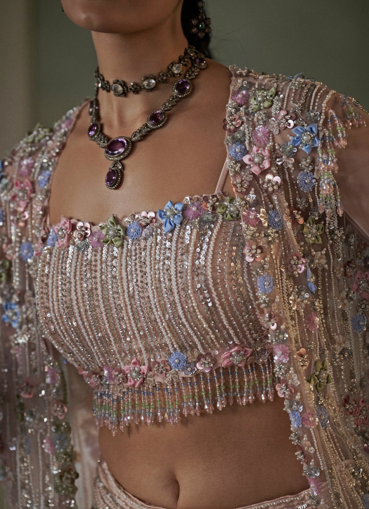 Peach Soft Net Lehenga Set With Jacket Nitika Gujral - Fabilicious Fashion