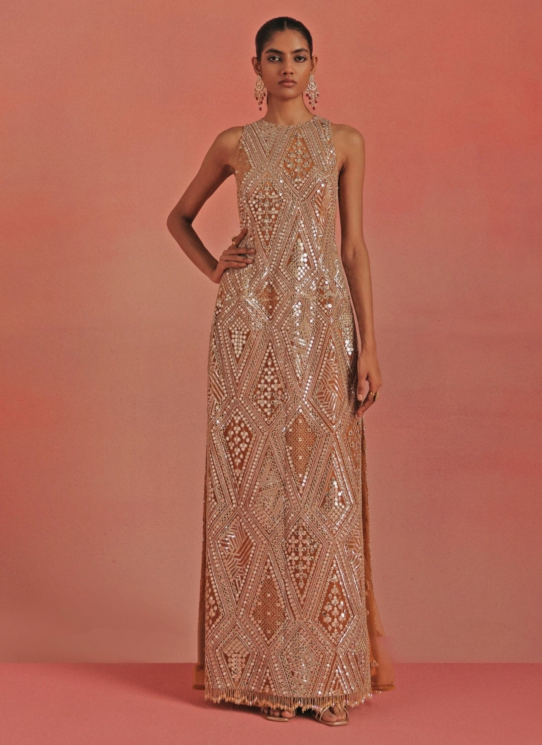 Twenty Nine Peach Soft Net Long Dress With Flared PantsFabilicious Fashion