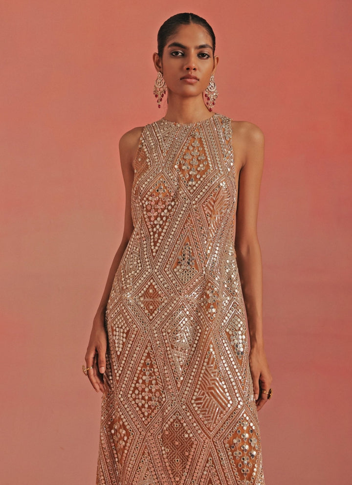 Twenty Nine Peach Soft Net Long Dress With Flared PantsFabilicious Fashion