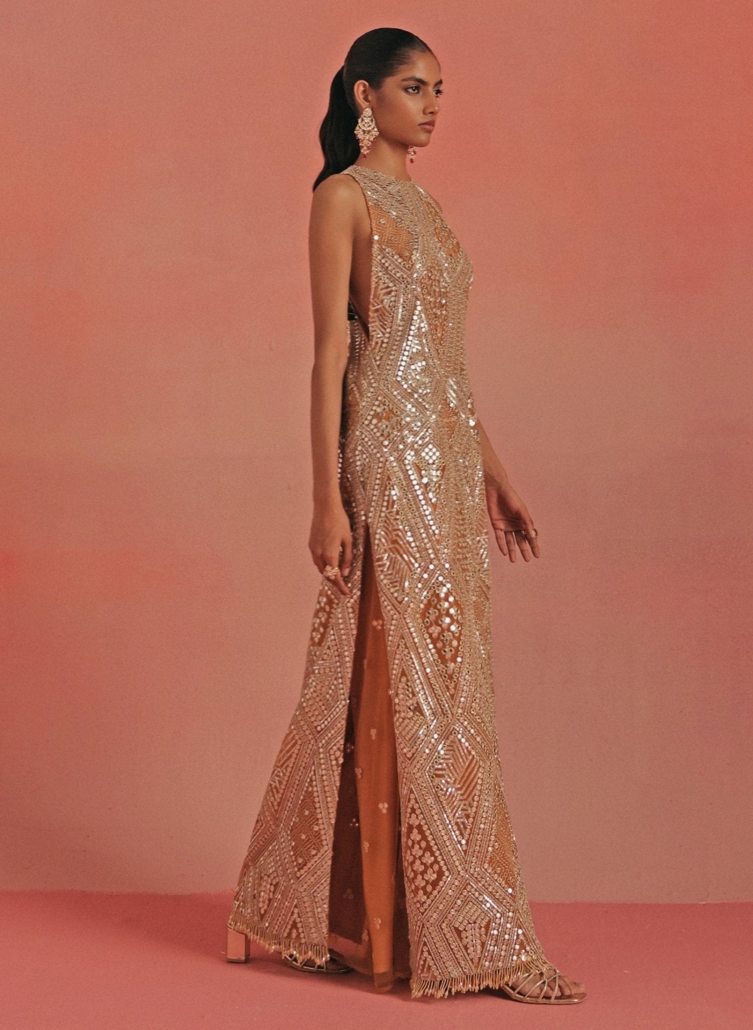 Peach soft net long dress with flared pants by Twenty Nine — indo-western outfit for a wedding reception