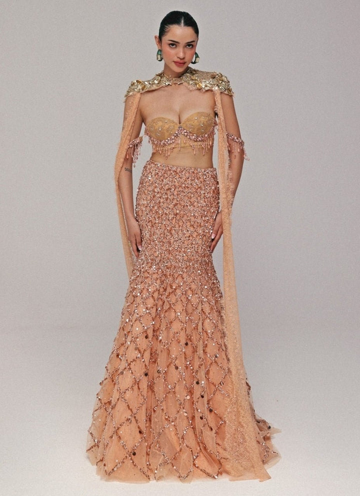 The Little Black Bow Peach Soft Net Mermaid Lehenga Set With CapeFabilicious Fashion