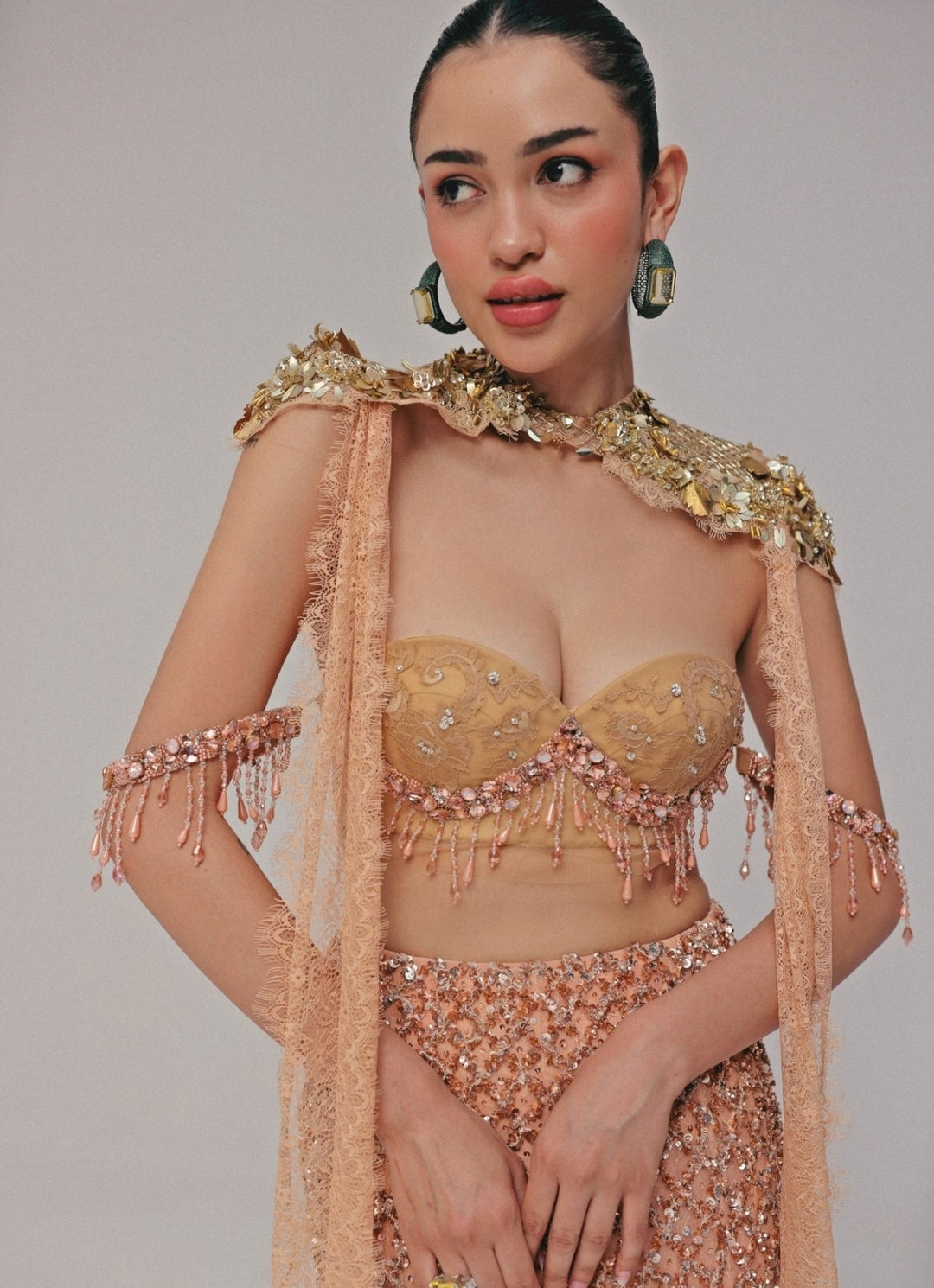 The Little Black Bow Peach Soft Net Mermaid Lehenga Set With CapeFabilicious Fashion