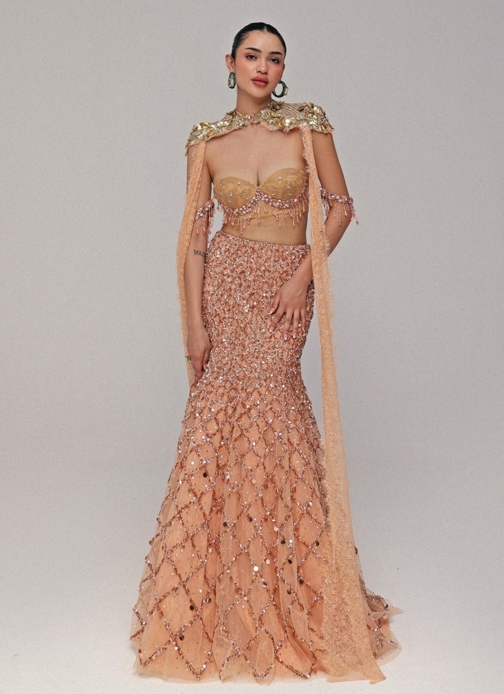 The Little Black Bow Peach Soft Net Mermaid Lehenga Set With CapeFabilicious Fashion