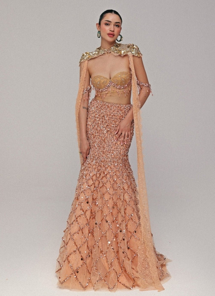 The Little Black Bow Peach Soft Net Mermaid Lehenga Set With CapeFabilicious Fashion