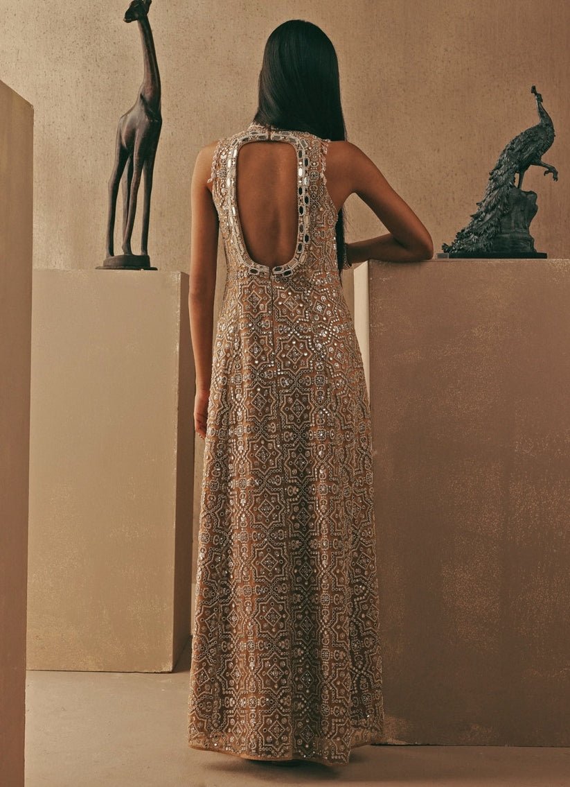 Twenty Nine Peach Soft Net Mirrorwork Long Backless DressFabilicious Fashion