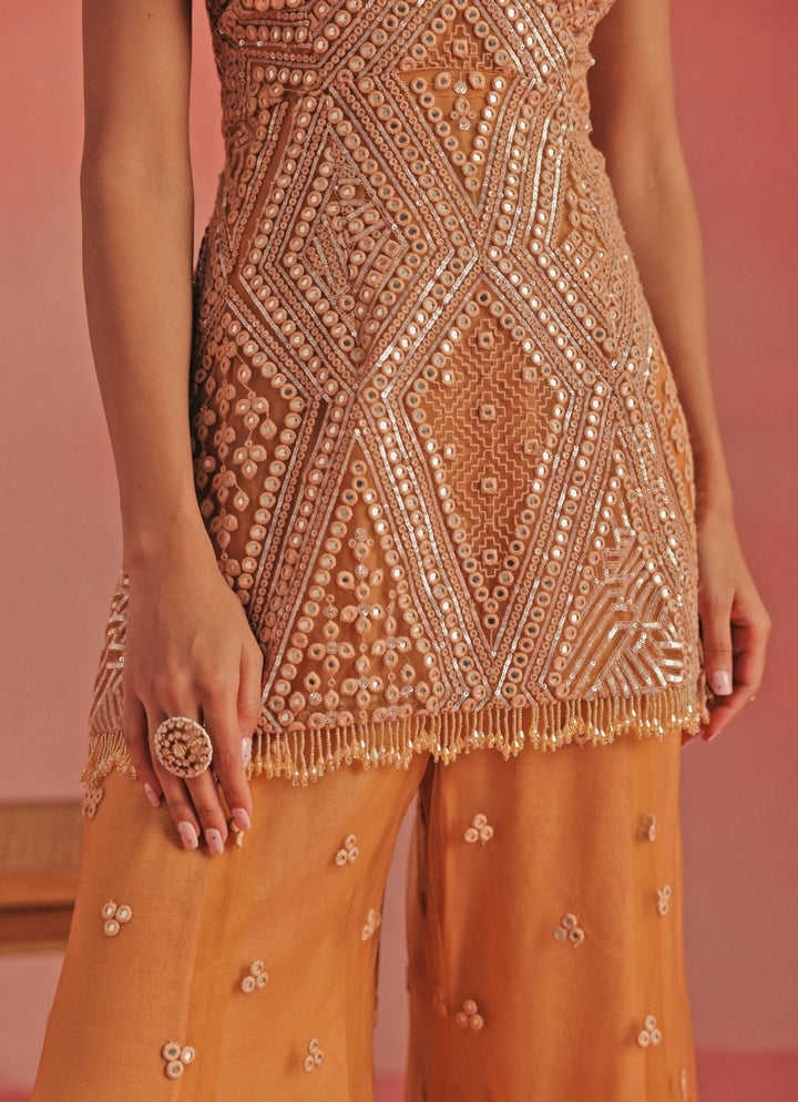 Twenty Nine Peach Soft Net Mirrorwork Peplum Kurta Sharara SetFabilicious Fashion