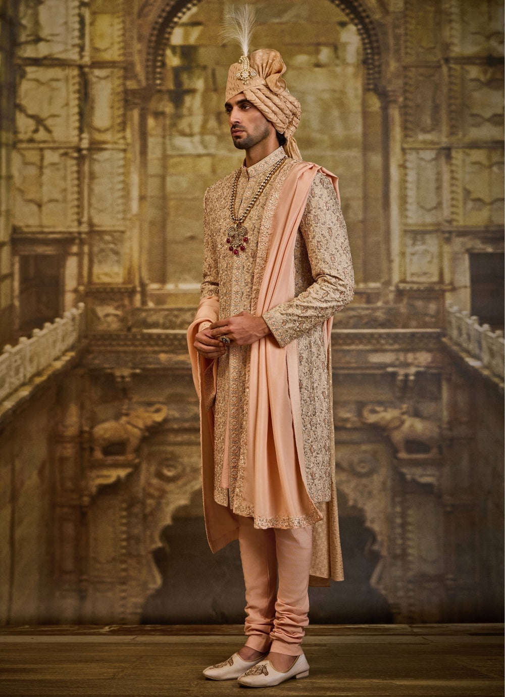 Peach Tissue Brocade Sherwani Set Nitika Gujral - Men - Fabilicious Fashion
