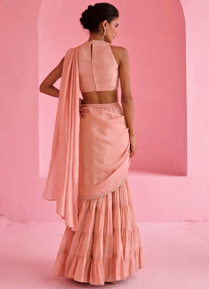 Peach Tissue Predraped Embroidered Saree Set Chamee and Palak - Fabilicious Fashion