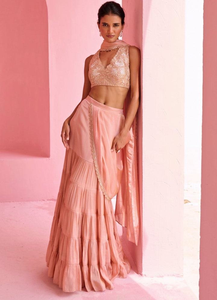 Peach Tissue Predraped Embroidered Saree Set Chamee and Palak - Fabilicious Fashion