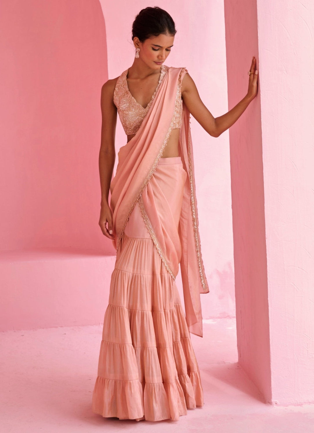 Peach Tissue Predraped Embroidered Saree Set Chamee and Palak - Fabilicious Fashion