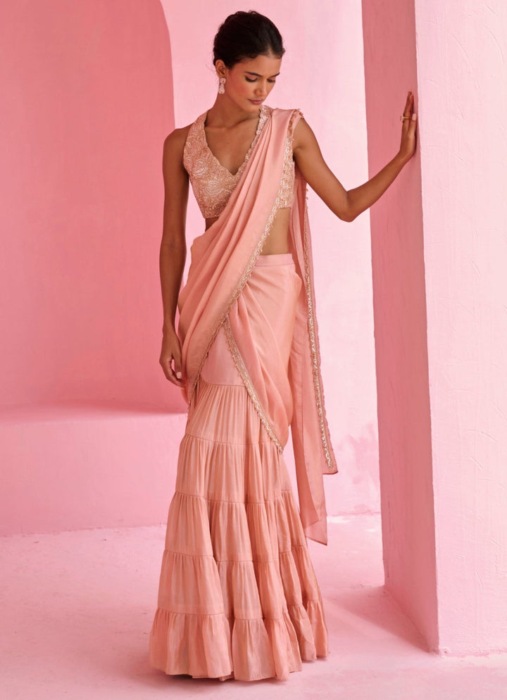 Peach Tissue Predraped Embroidered Saree Set Chamee and Palak - Fabilicious Fashion