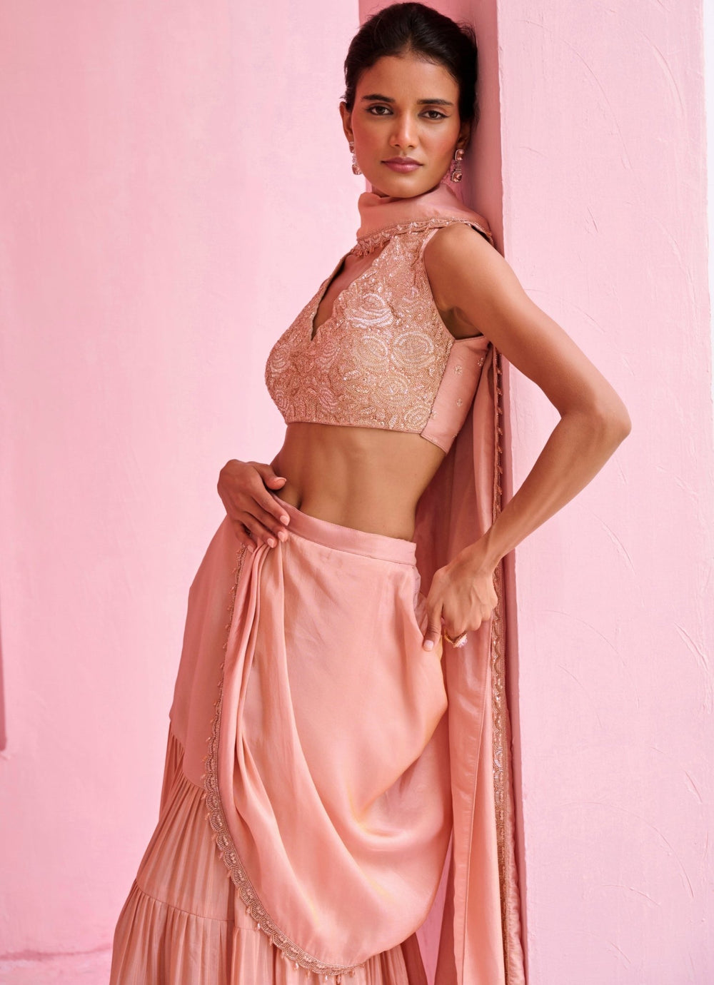 Peach Tissue Predraped Embroidered Saree Set Chamee and Palak - Fabilicious Fashion