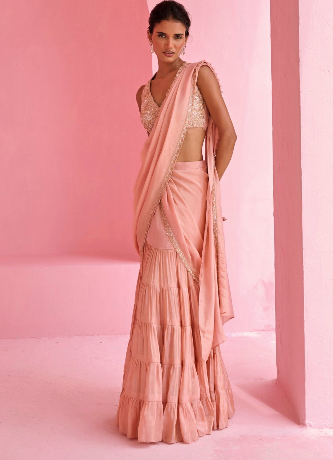Peach Tissue Predraped Embroidered Saree Set Chamee and Palak - Fabilicious Fashion