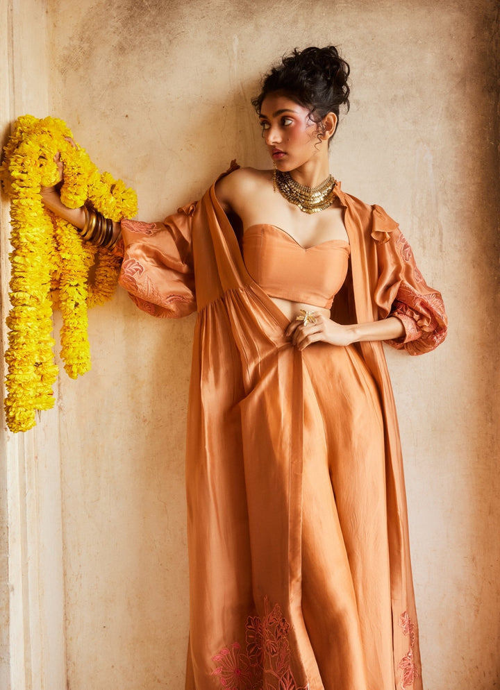 Peachy Orange Silk Organza Pant Set With Jacket Paulmi and Harsh - Fabilicious Fashion
