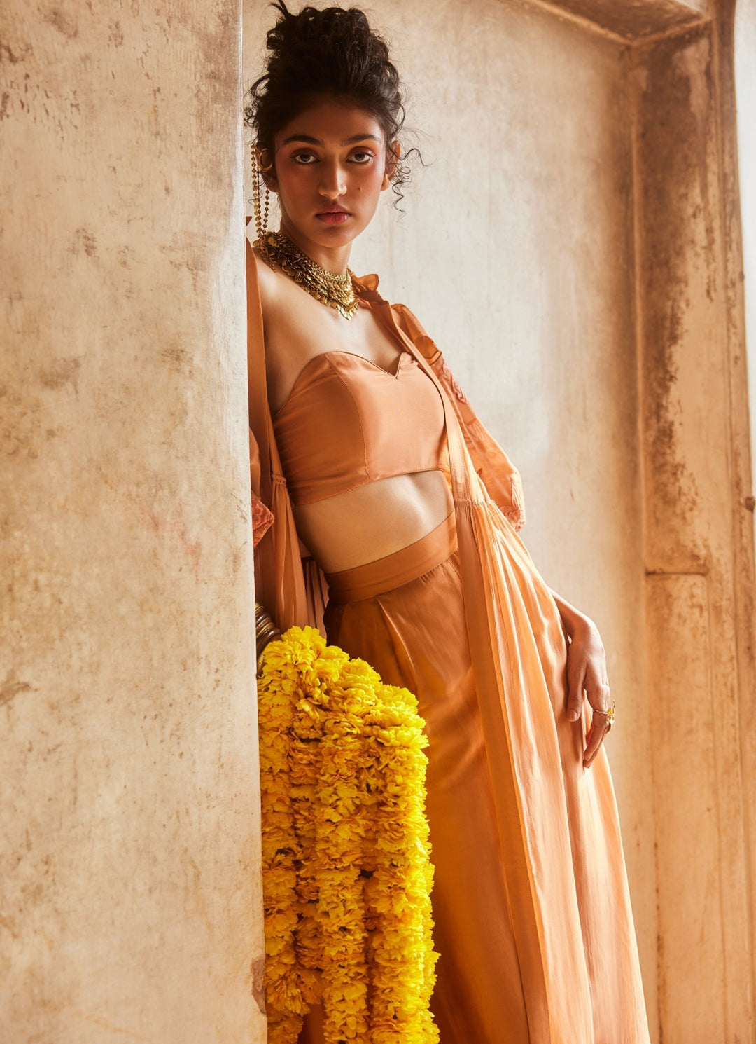 Peachy Orange Silk Organza Pant Set With Jacket Paulmi and Harsh - Fabilicious Fashion