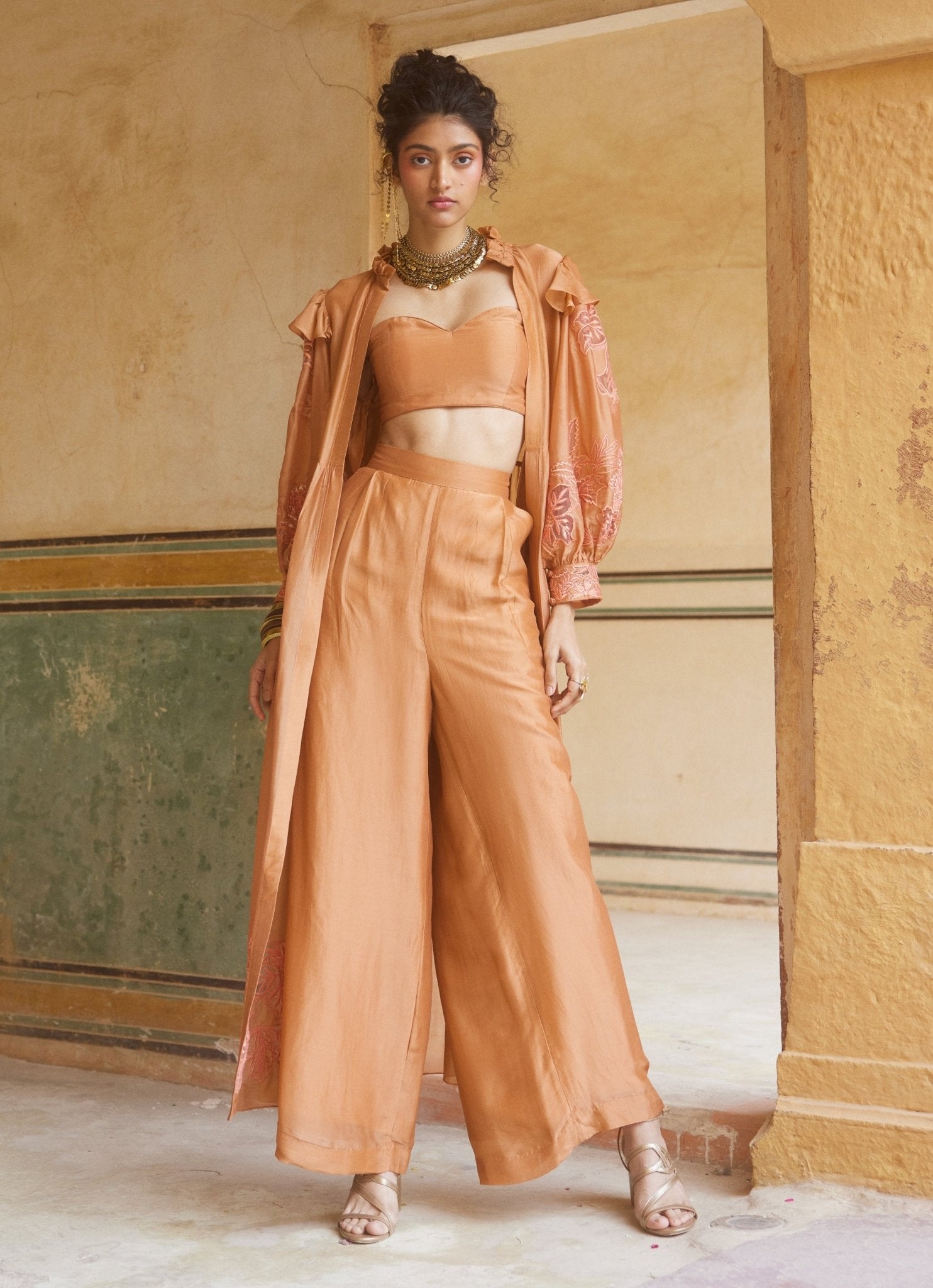 Peachy-Orange Silk Organza Pant Set with Jacket by Paulmi & Harsh
