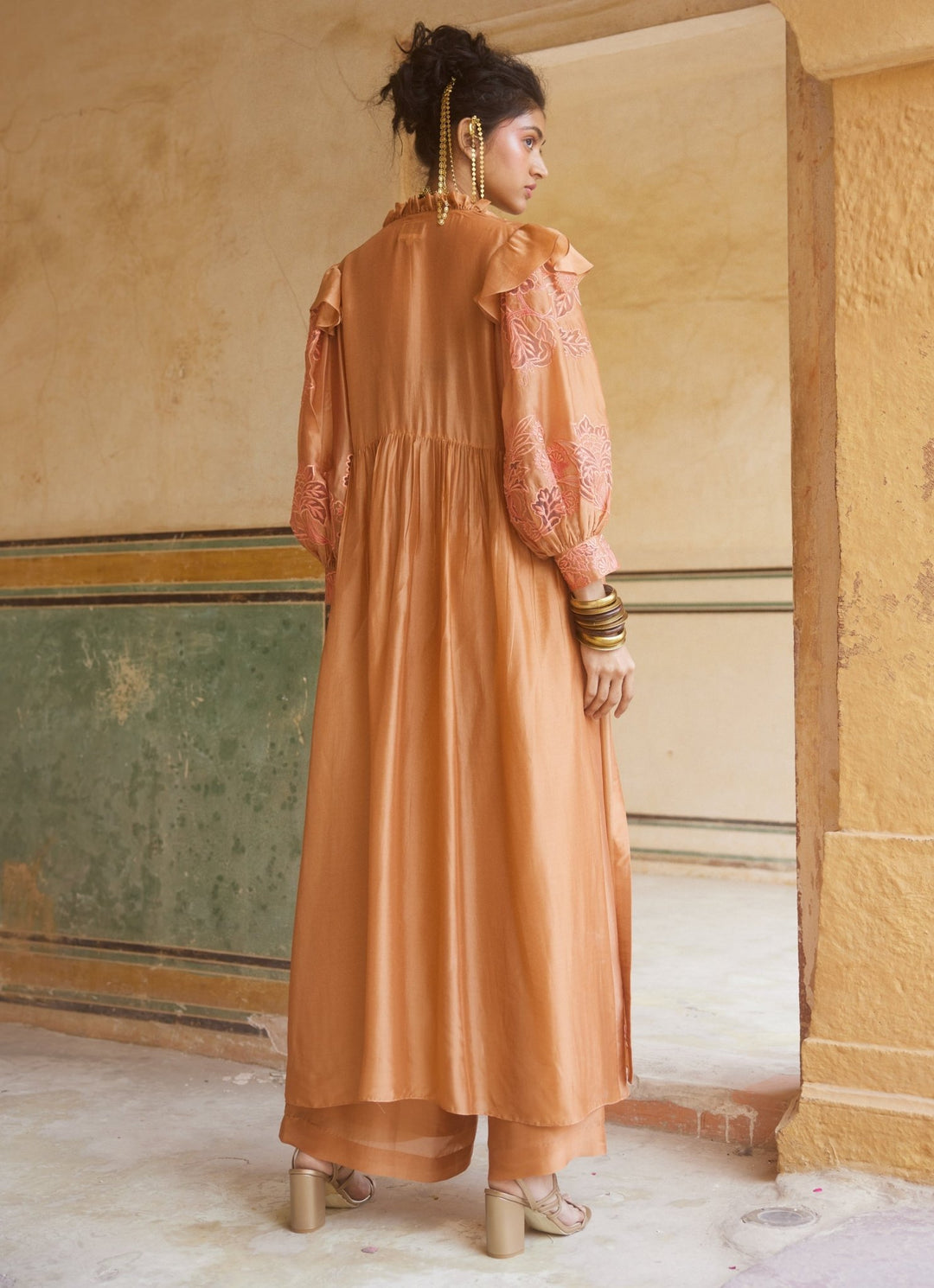 Peachy Orange Silk Organza Pant Set With Jacket Paulmi and Harsh - Fabilicious Fashion