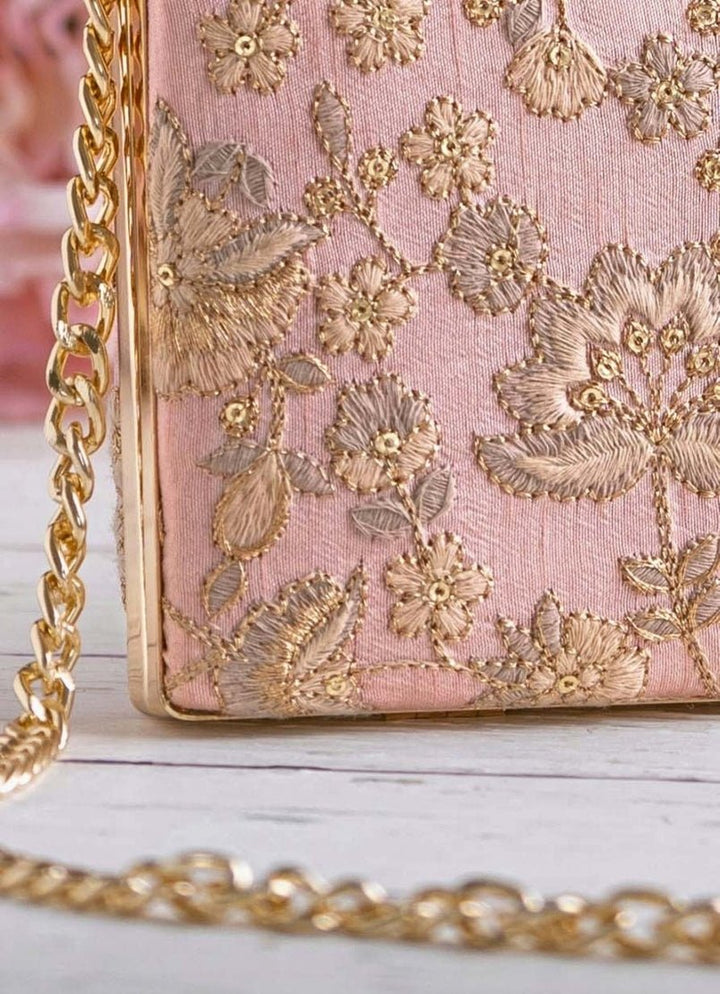 Peachy Pink Embroidered Clutch AMYRA - Fabilicious Fashion
