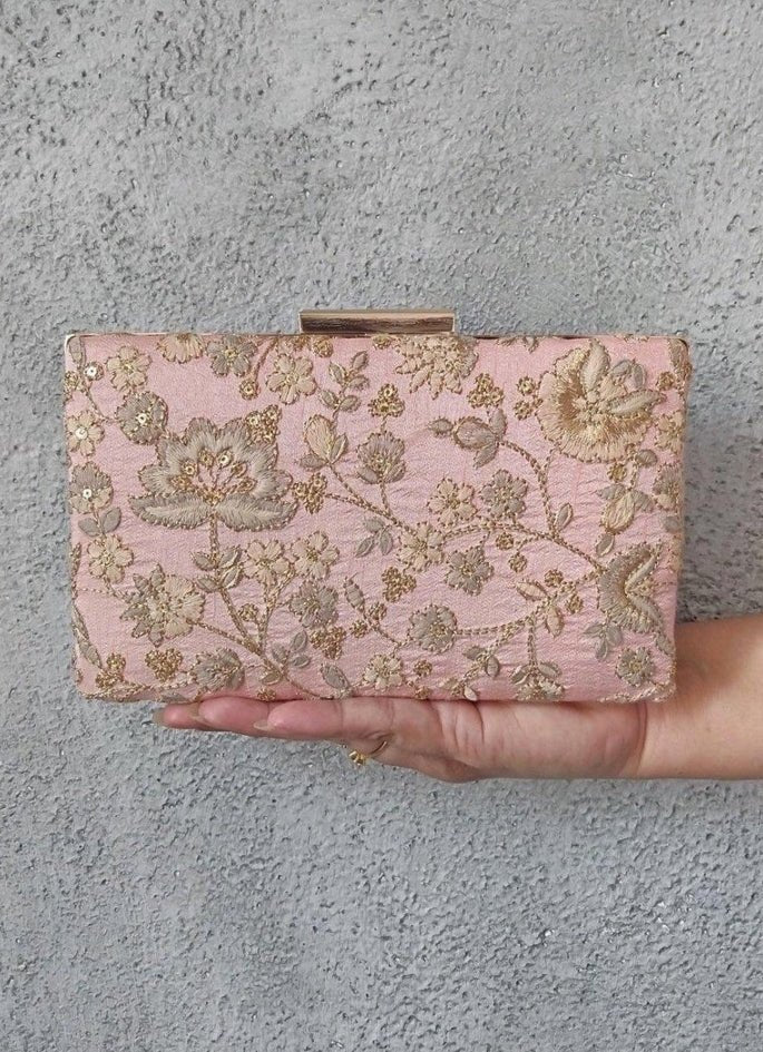 Peachy Pink Embroidered Clutch AMYRA - Fabilicious Fashion