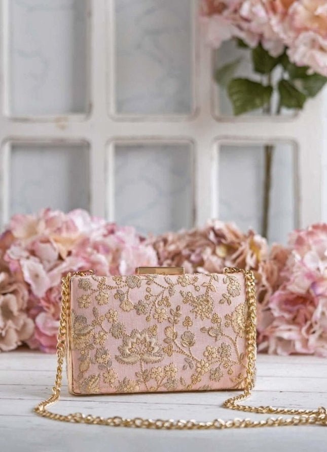 Peachy Pink Embroidered Clutch AMYRA - Fabilicious Fashion