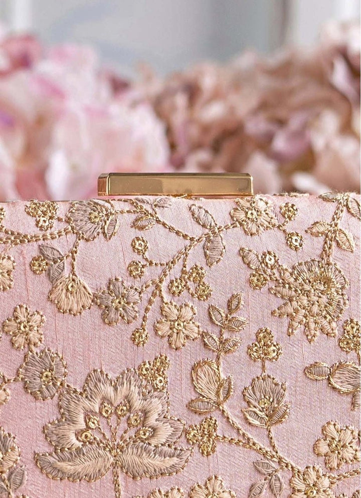 Peachy Pink Embroidered Clutch AMYRA - Fabilicious Fashion