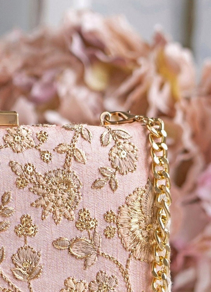 Peachy Pink Embroidered Clutch AMYRA - Fabilicious Fashion