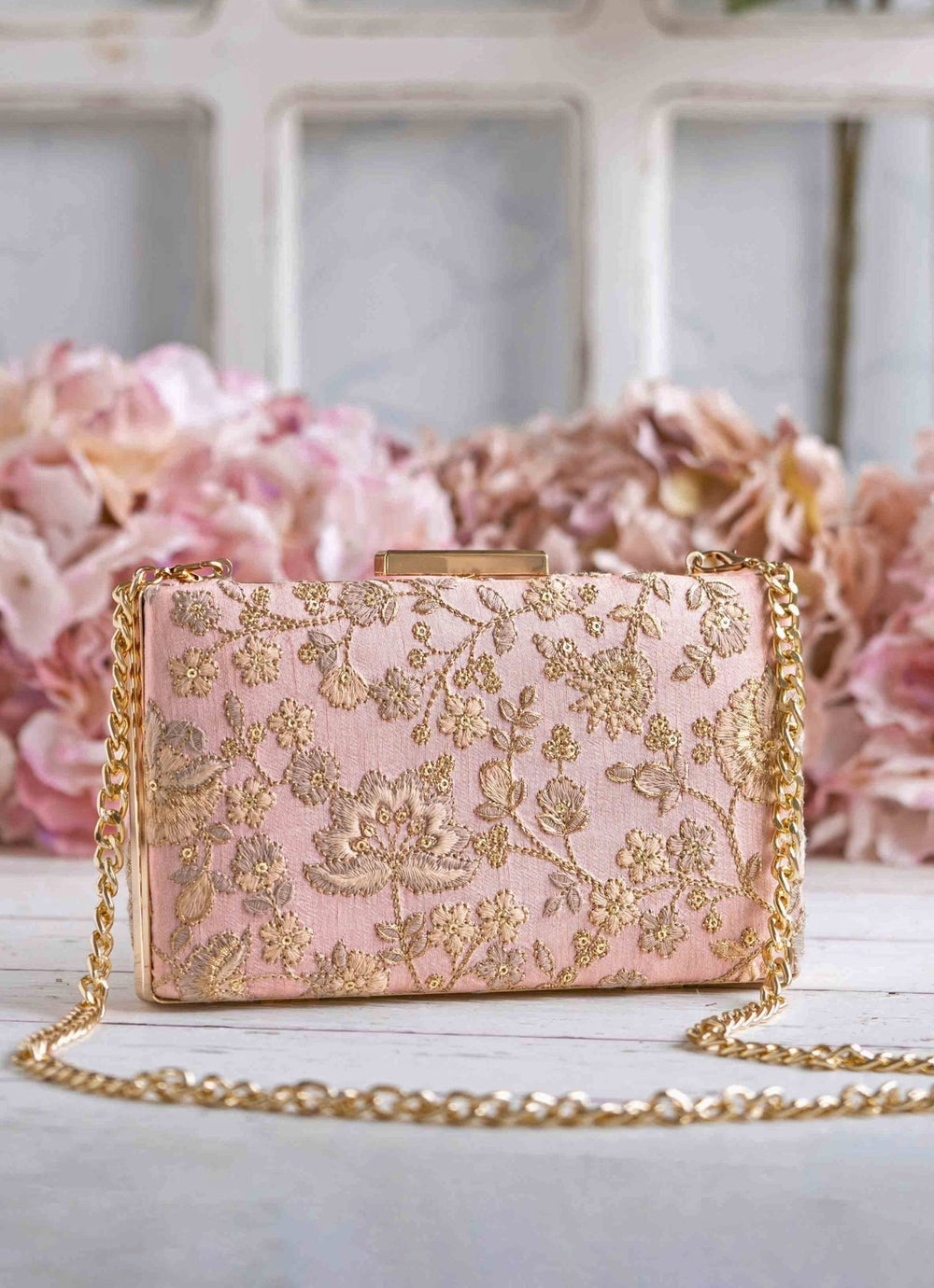 Peachy Pink Embroidered Clutch AMYRA - Fabilicious Fashion