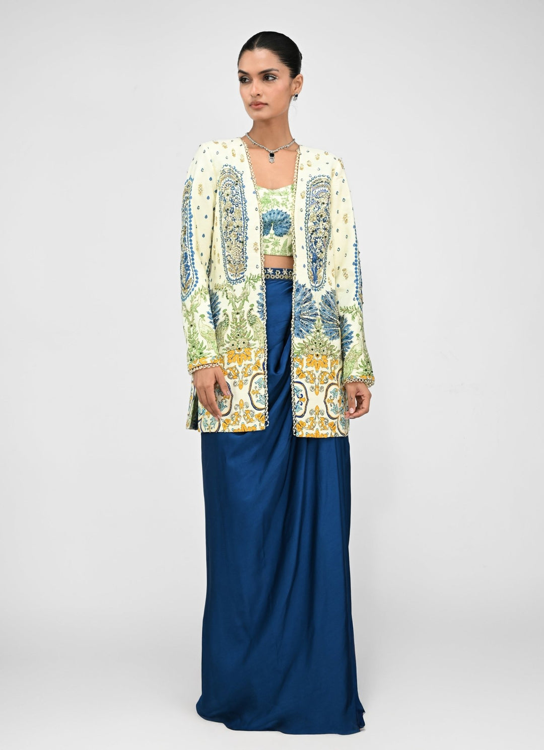 Peacock Blue Cowl Skirt Set With Printed Embroidered Blazer Juhi Bengani - Fabilicious Fashion