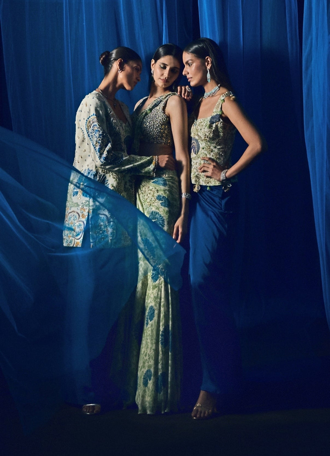 Peacock Blue Cowl Skirt Set With Printed Embroidered Blazer Juhi Bengani - Fabilicious Fashion