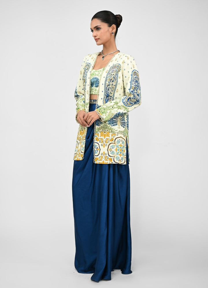 Peacock Blue Cowl Skirt Set With Printed Embroidered Blazer Juhi Bengani - Fabilicious Fashion