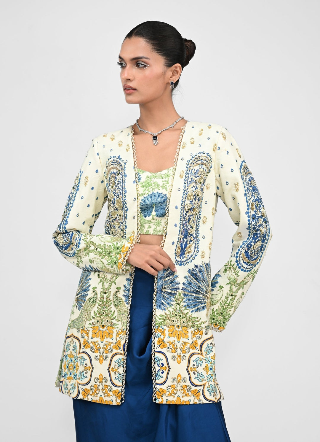 Peacock Blue Cowl Skirt Set With Printed Embroidered Blazer Juhi Bengani - Fabilicious Fashion