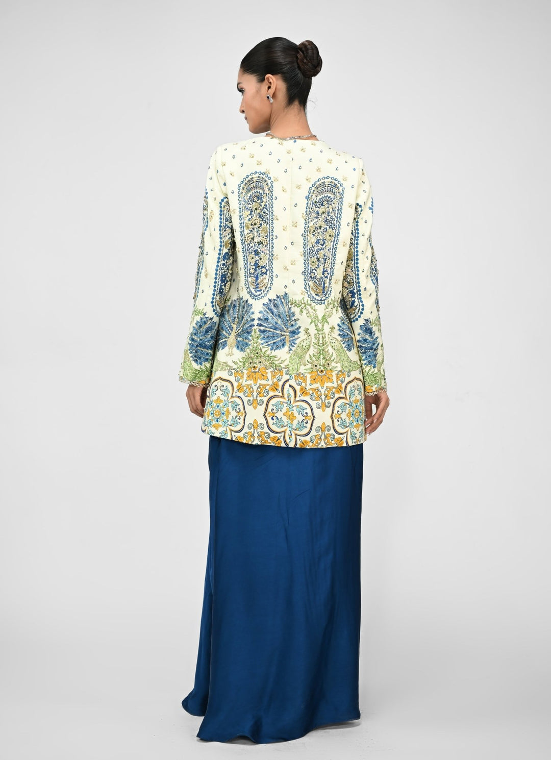 Peacock Blue Cowl Skirt Set With Printed Embroidered Blazer Juhi Bengani - Fabilicious Fashion