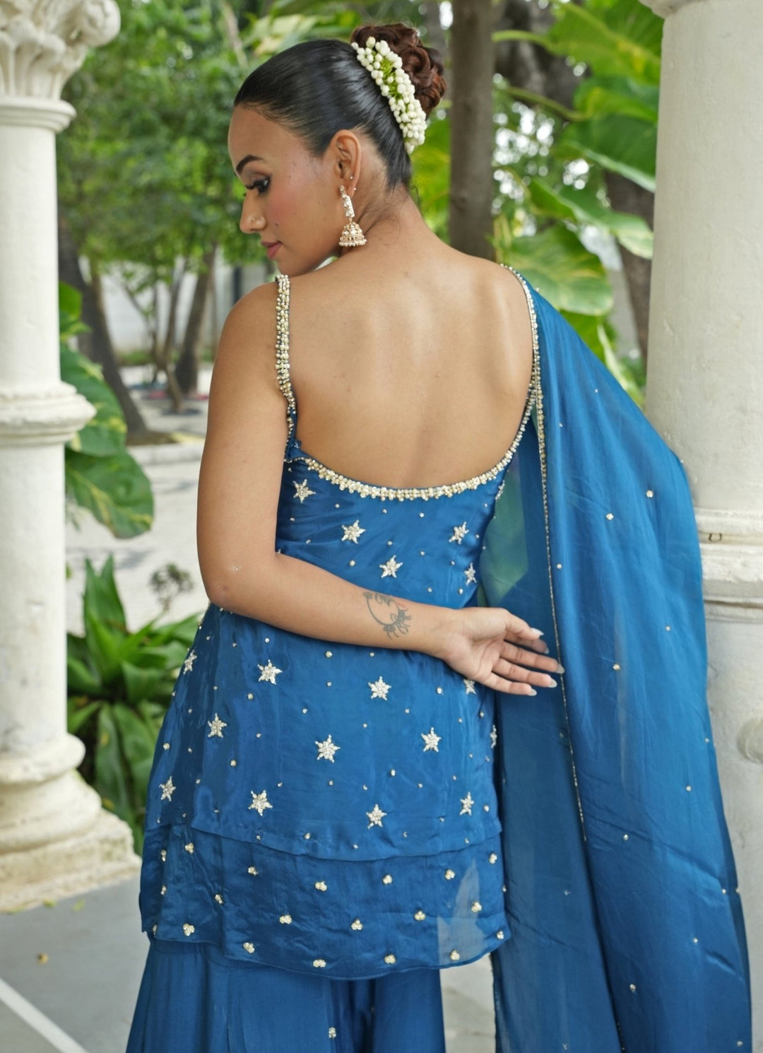 Peacock Blue Crepe Gharara Set Enamour by Radha - Fabilicious Fashion