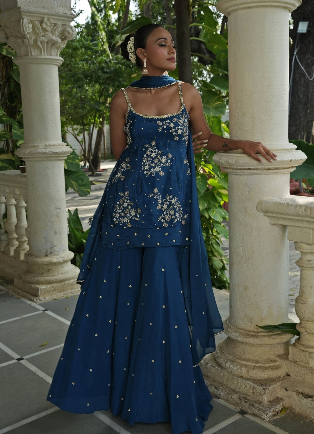 Peacock Blue Crepe Gharara Set Enamour by Radha - Fabilicious Fashion