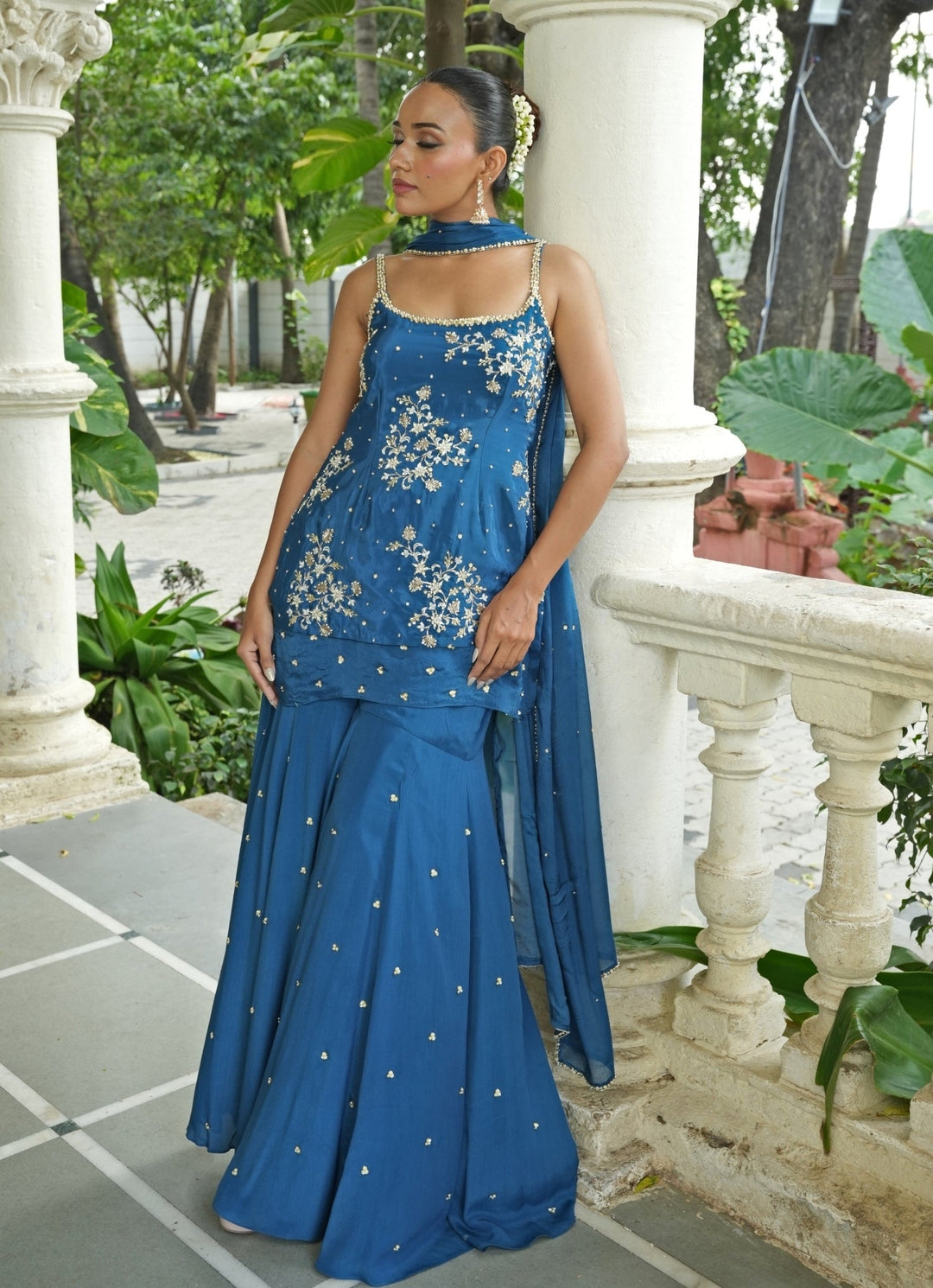 Peacock Blue Crepe Gharara Set Enamour by Radha - Fabilicious Fashion