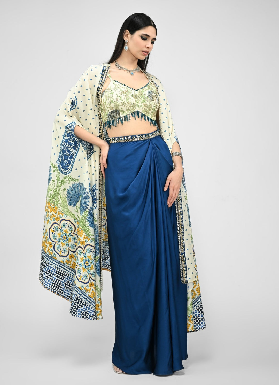 Peacock Blue Dhoti Skirt With Ivory Printed Cape Juhi Bengani - Fabilicious Fashion