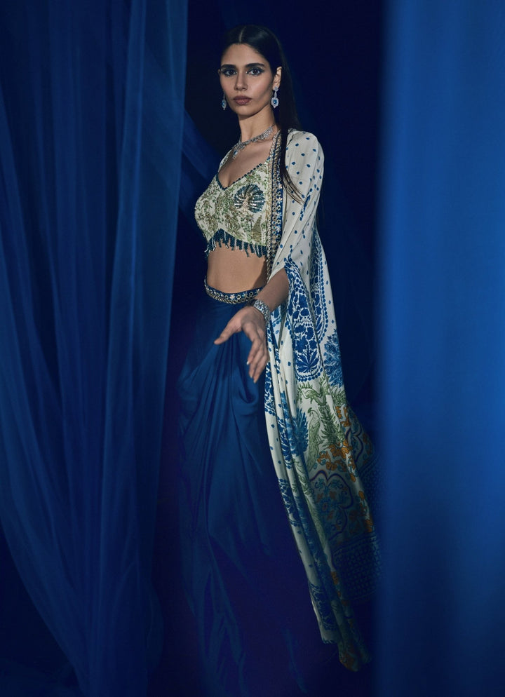 Peacock Blue Dhoti Skirt With Ivory Printed Cape Juhi Bengani - Fabilicious Fashion