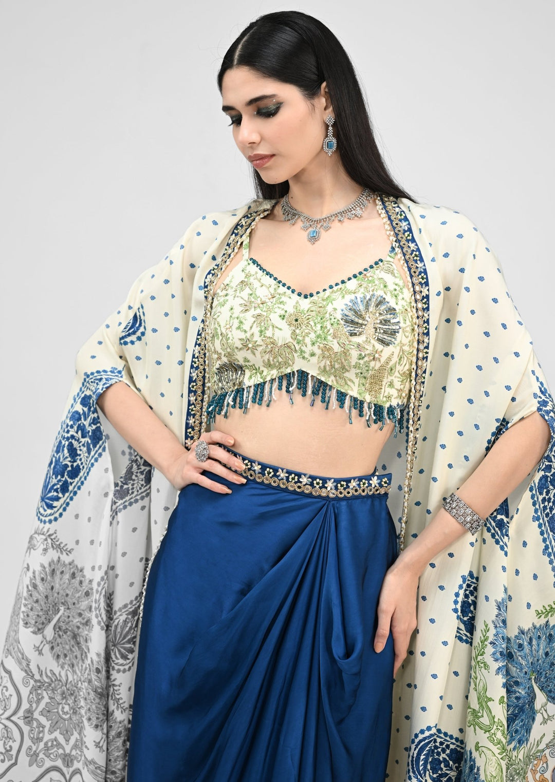 Peacock Blue Dhoti Skirt With Ivory Printed Cape Juhi Bengani - Fabilicious Fashion