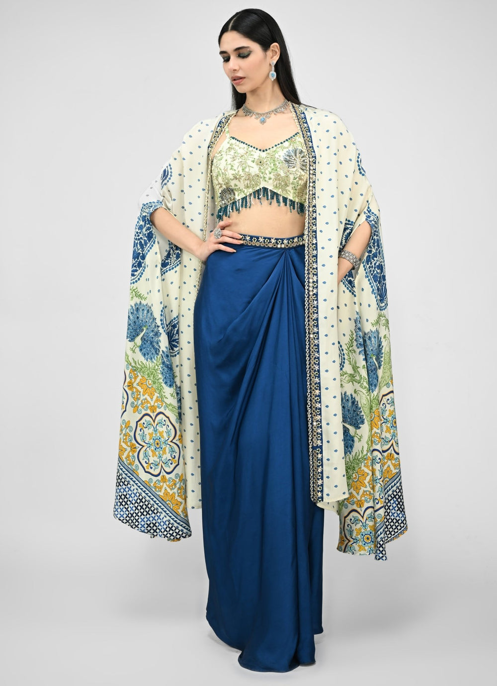 Peacock Blue Dhoti Skirt With Ivory Printed Cape Juhi Bengani - Fabilicious Fashion