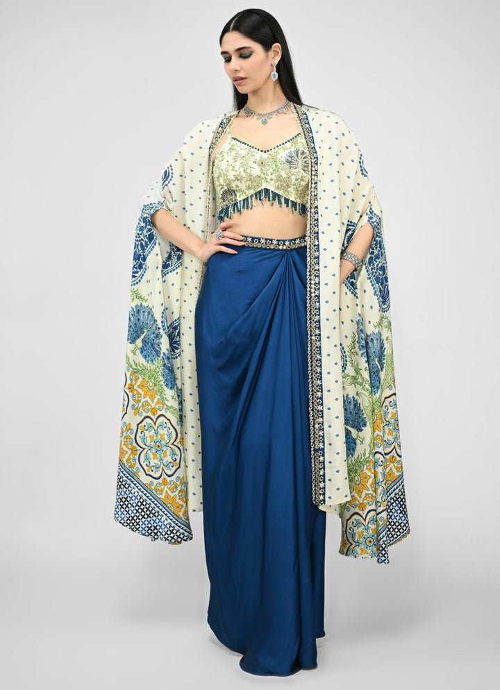 Peacock Blue Dhoti Skirt With Ivory Printed Cape Juhi Bengani - Fabilicious Fashion