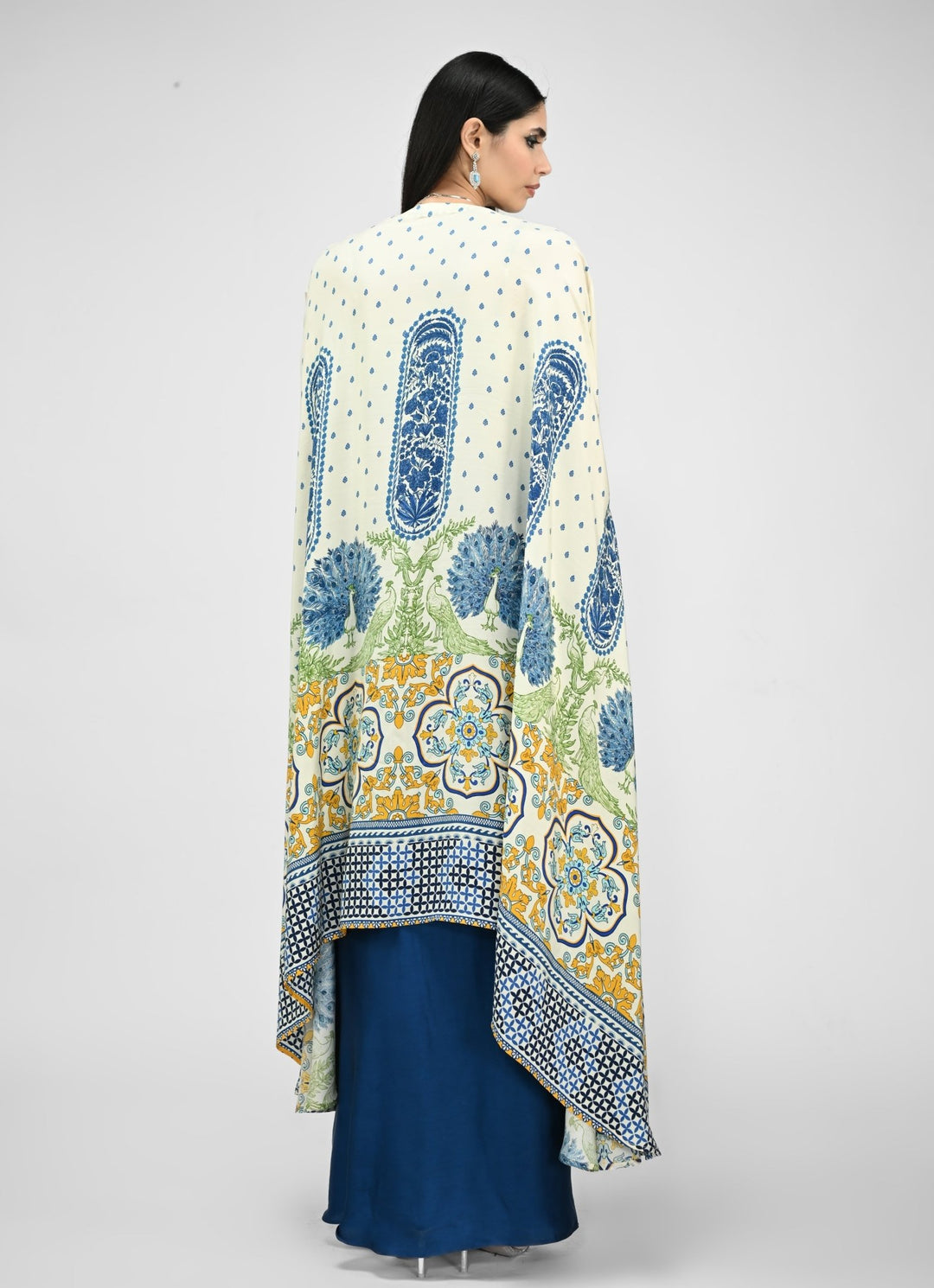 Peacock Blue Dhoti Skirt With Ivory Printed Cape Juhi Bengani - Fabilicious Fashion