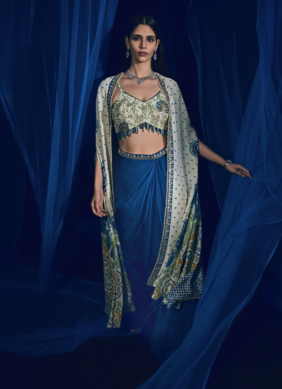 Peacock Blue Dhoti Skirt With Ivory Printed Cape Juhi Bengani - Fabilicious Fashion