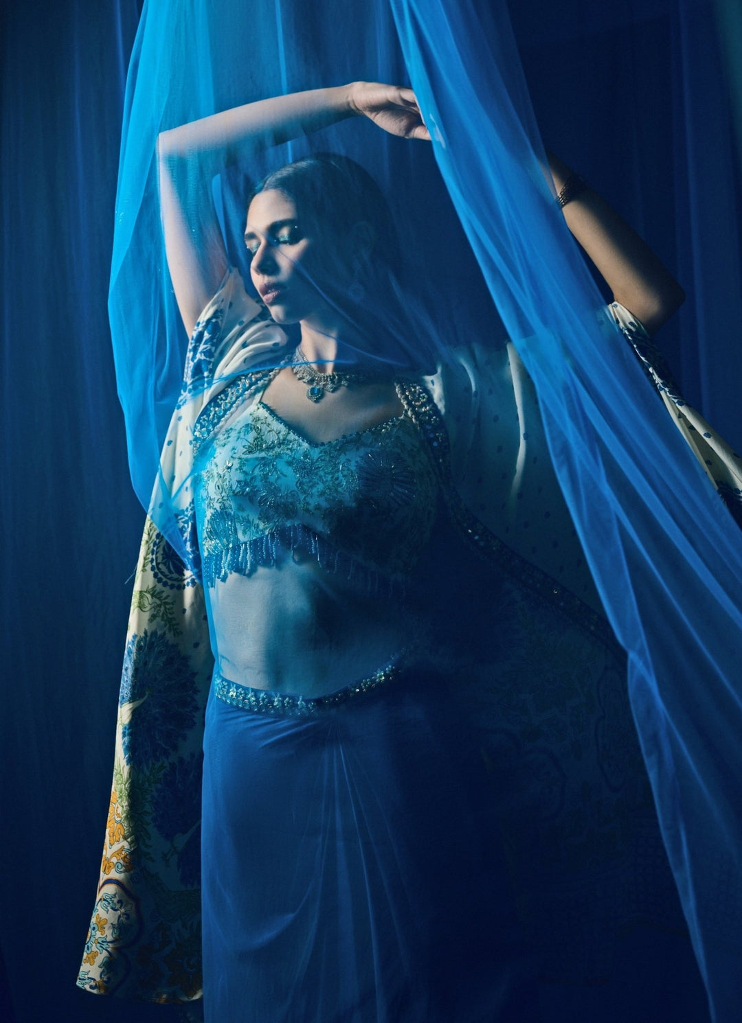 Peacock Blue Dhoti Skirt With Ivory Printed Cape Juhi Bengani - Fabilicious Fashion