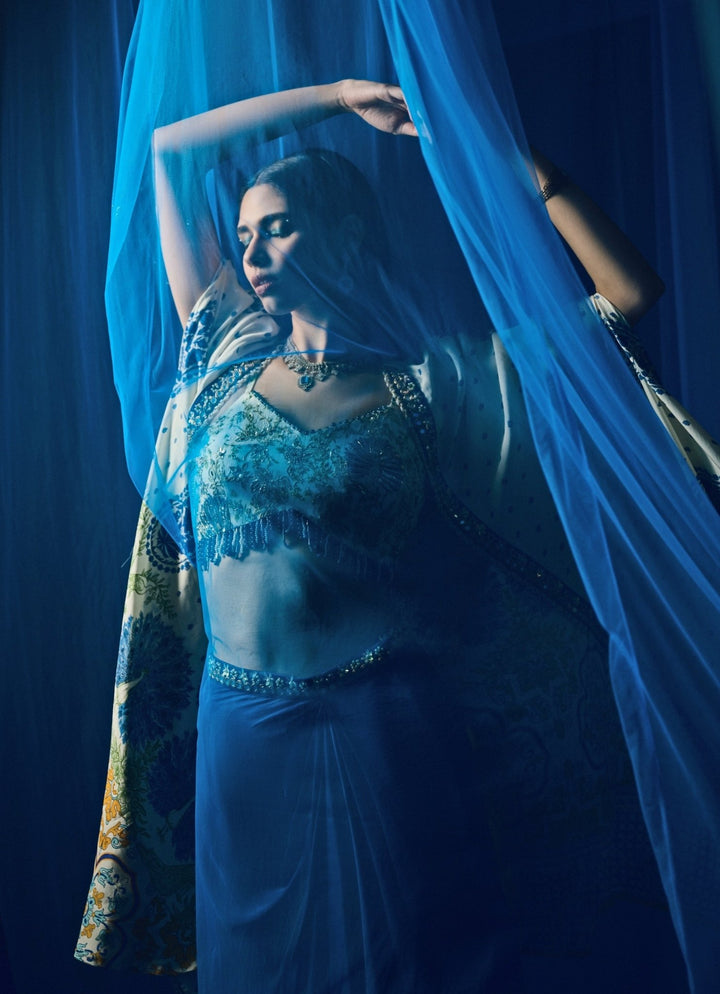 Peacock Blue Dhoti Skirt With Ivory Printed Cape Juhi Bengani - Fabilicious Fashion