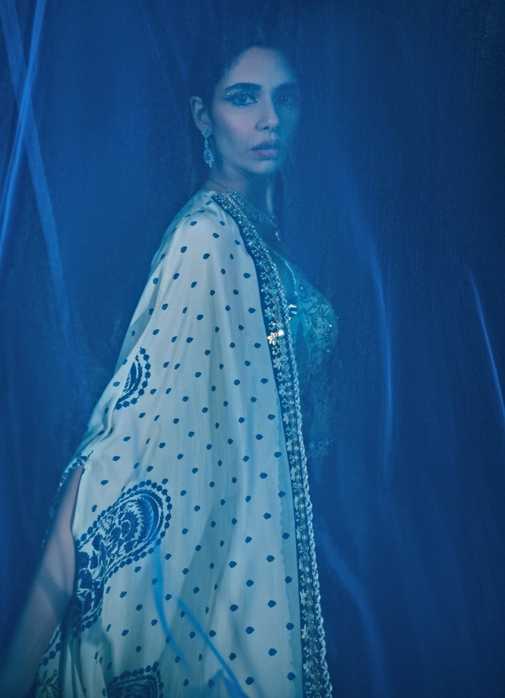 Peacock Blue Dhoti Skirt With Ivory Printed Cape Juhi Bengani - Fabilicious Fashion