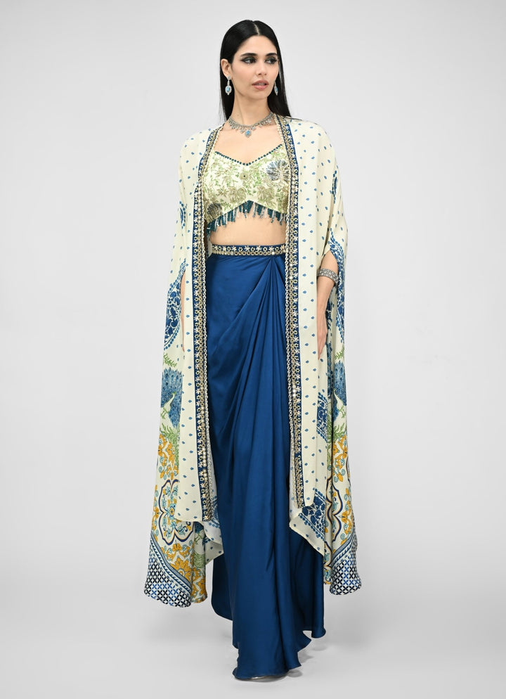 Peacock Blue Dhoti Skirt With Ivory Printed Cape Juhi Bengani - Fabilicious Fashion