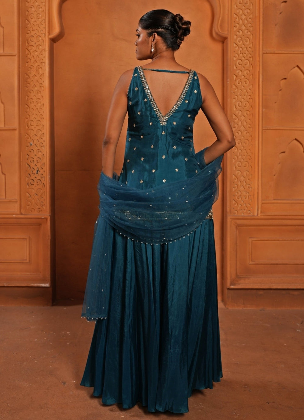 Peacock Blue Embroidered Silk Kurta Sharara Set Enamour by Radha - Fabilicious Fashion