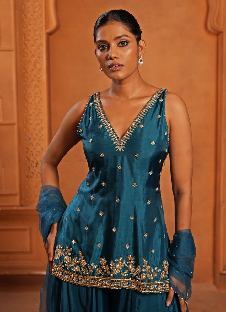 Peacock Blue Embroidered Silk Kurta Sharara Set Enamour by Radha - Fabilicious Fashion