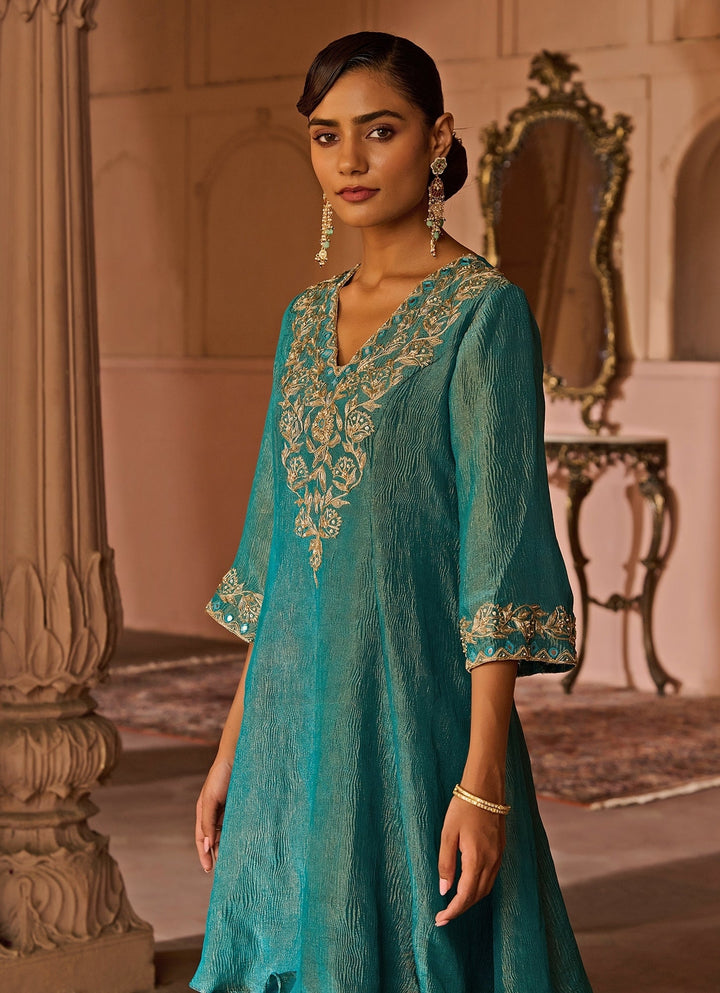 Peacock Blue Embroidered Tissue Kurta Set Zoon Tribe - Fabilicious Fashion